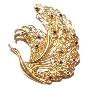 Lacy Gold Tone Rhinestone Accented Flying Bird Brooch